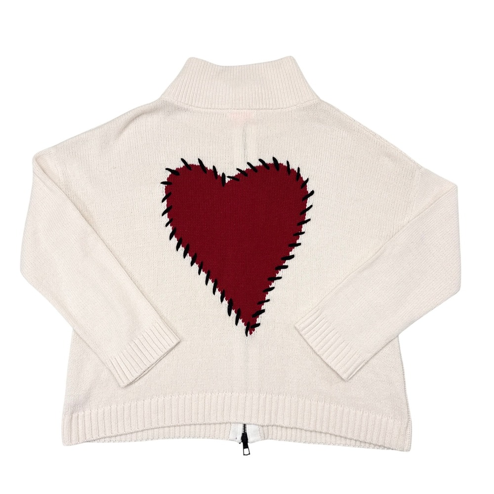 Lisa Todd Romancin Sweater Size Latge White Knit Heart Full Zip Cardigan